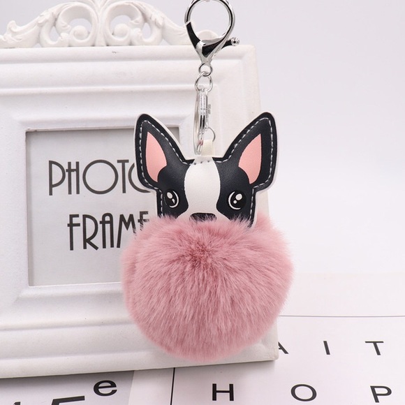 Accessories - Cute Dog on Dusty Pink Pom Pom Keychain